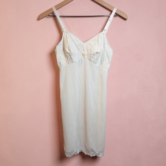 Vintage Other - Vintage Sears White Full Slip Dress Floral Embroidered Lace Trim Sz 32 XS Retro